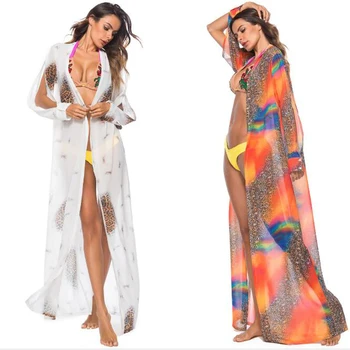 

Long Chiffon Beach Cover Up Leopard Women Swimsuit beach dress Printing Ladies Cover-Ups Bathing Suit Beach Wear
