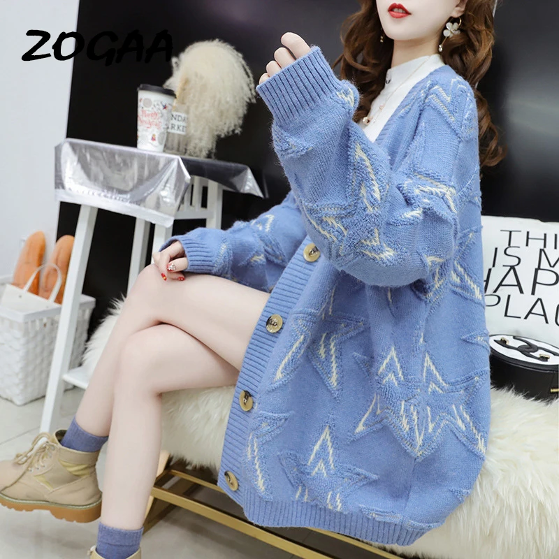 

ZOGAA Women Casual Sweater Cardigans V Neck Stars Pattern Loose Oversize Jumpers Korean Autumn Winter Knit Cardigans Knit Coat