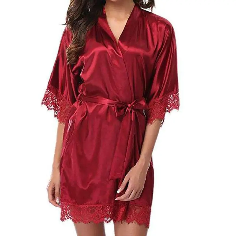 Женская Летняя шелковая ночная рубашка с коротким рукавом, сексуальное кружево с ресничками, лоскутное Короткое Кимоно, халат, однотонная Пижама с поясом с карманами - Цвет: WR