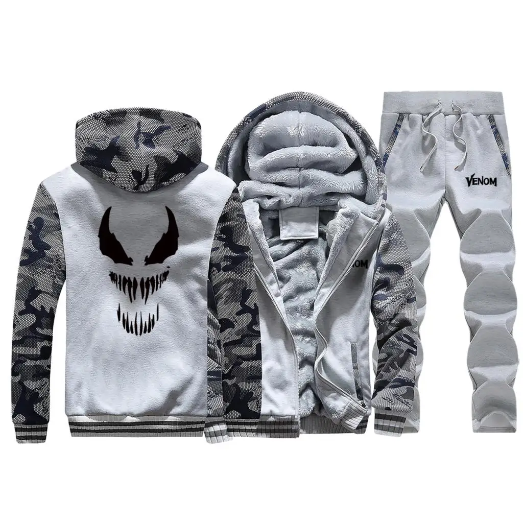 Light Gray 1 Venom Marvel Лидер продаж зимние мужские толстовки камуфляжное пальто плотный костюм с длинным рукавом теплые куртки спортивная одежда+ брюки комплект из 2 предметов - Цвет: Light Gray 1