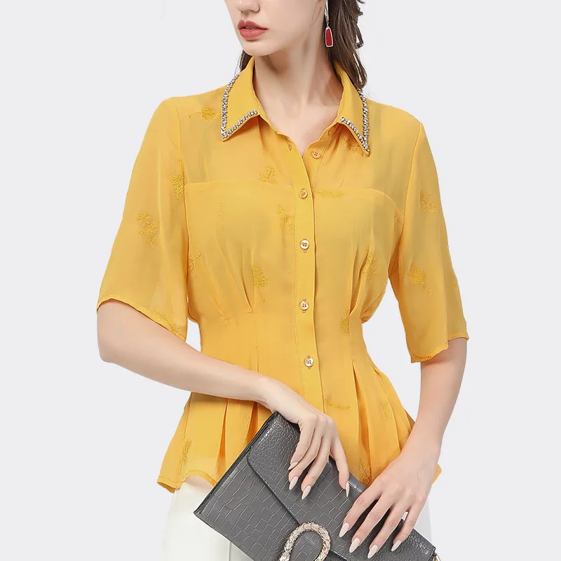 

Office Ladies Chiffon Shirt Elegant Slim Embroidered Tops 2021 Summer New Half Sleeve Turn-Down Collar Beaded Work Wear Blouses