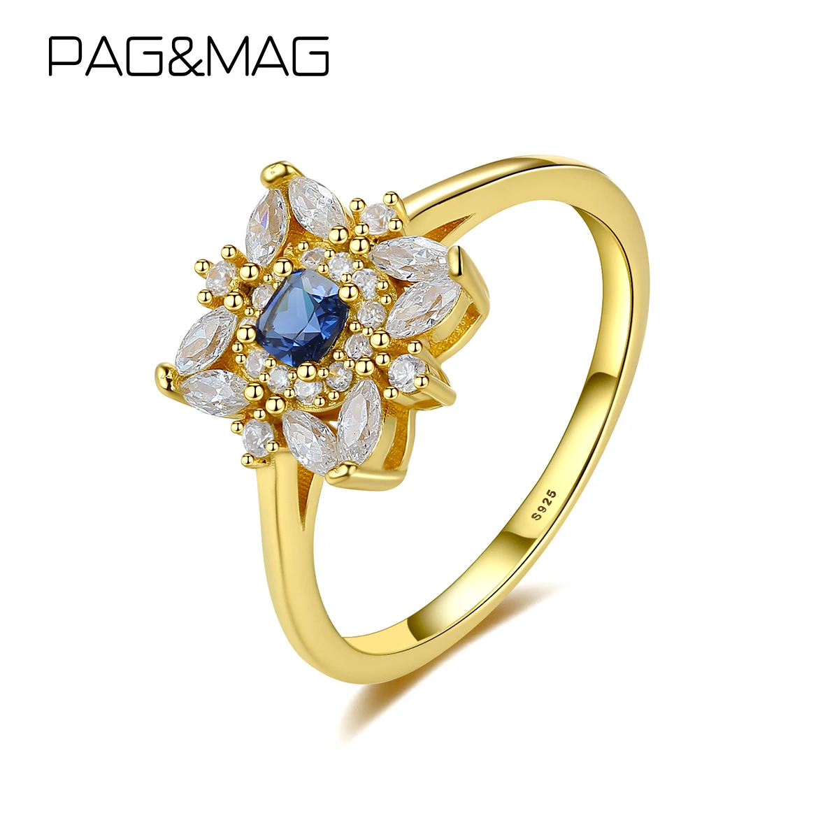 

Pag&Mag Blue Sapphire Flower Finger Rings 925 Sterling Silver Gold Plated Ring For Women Vintage Fine Jewelry Anniversary Gifts