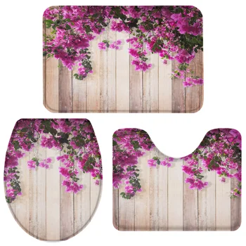 

Flowers Plank Wall Bath Set Toilet Cover Mat Pedestal Rug Non-Slip Bathroom Rug Set