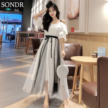 

Summer New 2 Piece Set Women Korean Fashion Strapless Ruffled Chiffon Top + High Waist Color Matching Mesh Skirt Two-Piece Suit