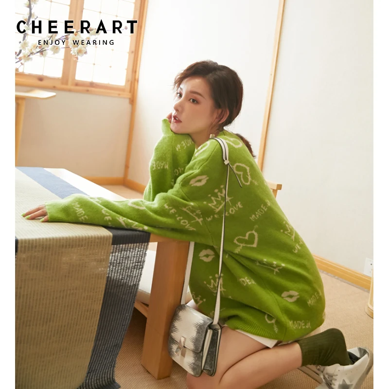  CHEERART Green Winter Long Sweater Women Pullover Warm Knitted Sweater Lazy Loose Jumper Knitwear P