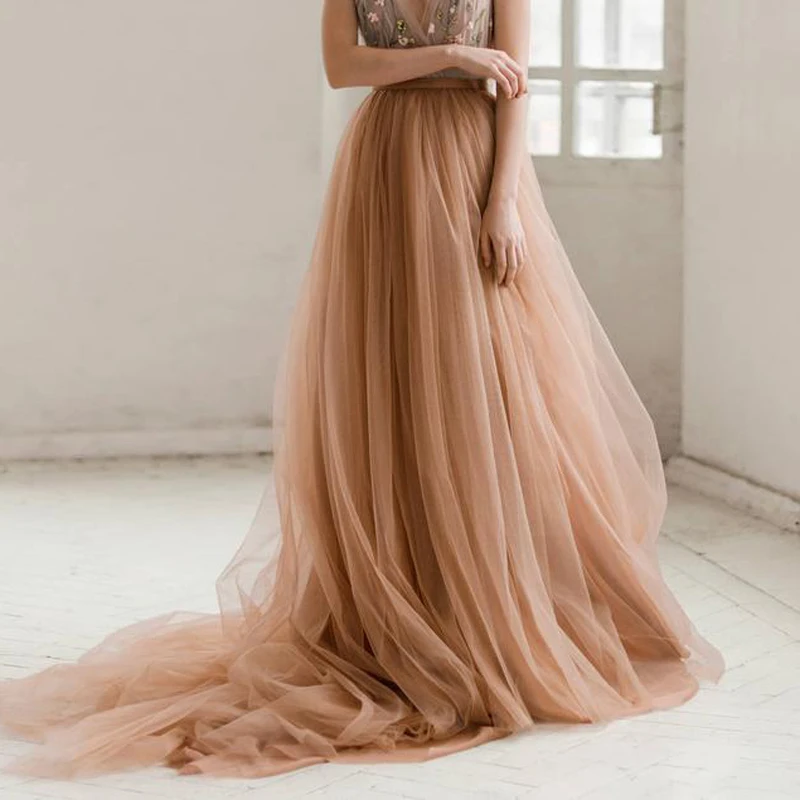 

Champagne Tulle Wedding Skirt Court Train Floor Length Long Prom Skirts Women 5 Layers Soft Tulle Tutu Special Occasion Skirt