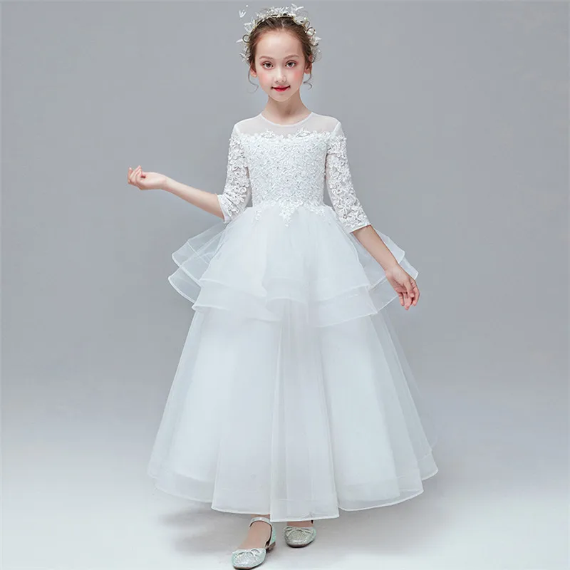 Осень-зима, элегантное Новое Детское белое платье для девочек, вышитые кружевные цветы, свадебное Пышное Платье принцессы на день рождения