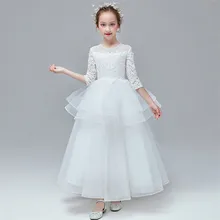 Осень-зима, элегантное Новое Детское белое платье для девочек, вышитые кружевные цветы, свадебное Пышное Платье принцессы на день рождения