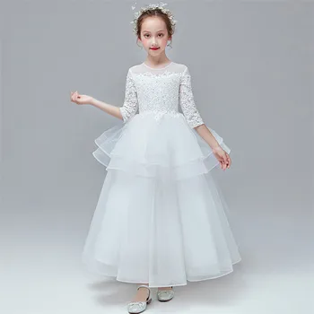 

2019Autumn Winter Elegant New Girls Children White Color Embroidery Lace Flowers Wedding Birthday Party Princess Fluffy Dress