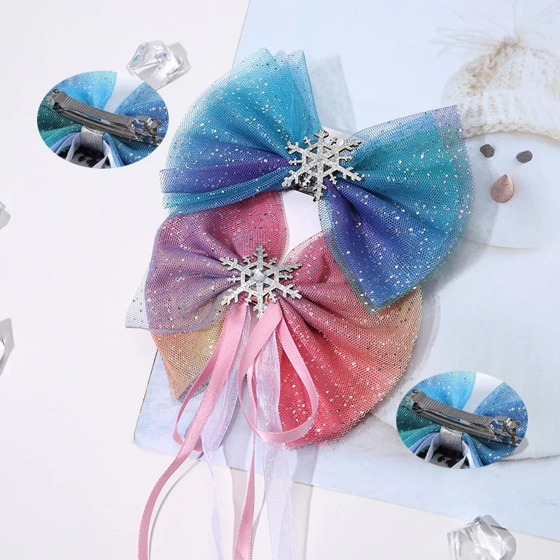 2pcs set T Princess Snowflake Hair Bows Blue Starry Mesh Hair Clips Bows Magic wand Christmas Gift Cosplay Party Dance Kid Hair Accessories - Цвет: 2pcs set T