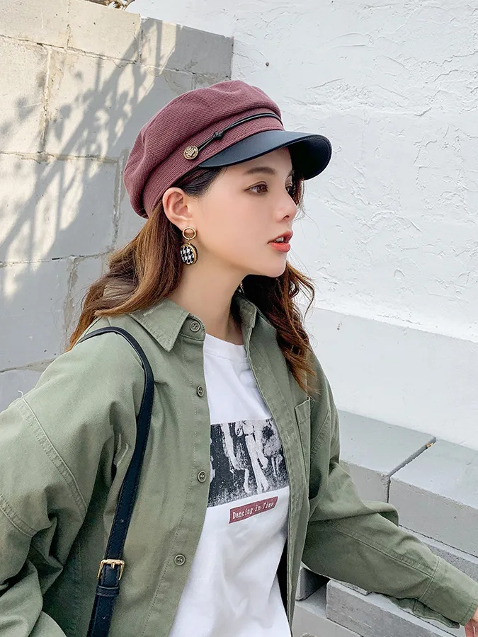 Fashion black hat ladies casual streetwear rope flat top hat elegant solid autumn and winter warm beret ladies