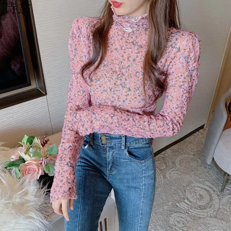 

2021 New Women Designer Chic Flowers Print T Shirt Autumn Winter Underwear Clothing Turtleneck Long Sleeve Top Spring Femme