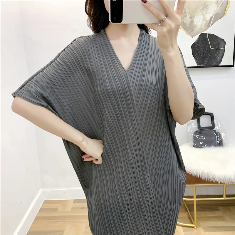 MIYAKE плиссированное платье с v-образным вырезом длинное плиссированное платье es Свободная Женская одежда большого размера