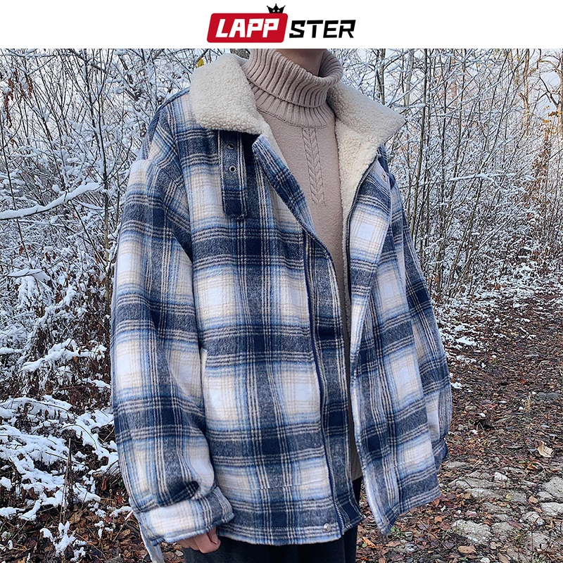 

LAPPSTER Men Harajuku Plaid Wool Jacket Coats 2020 Winter Jacket Mens Thick Warm Parka Male Korean Streetwear Windbreaker