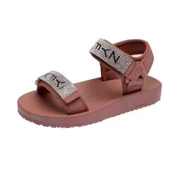 

2020 Girls Sandals Summer Korean Princess Shoes Diamond Sequin Shoes Beach Kids Rhinestone Toddler Hook Loop Glitter Flat Heels