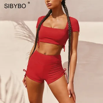 

SIBYBO Drawstring Workout Active Wear Matching Set Women Short Sleeve Bodycon Shorts Two Piece Sets Casual Streetwear Tracksuits