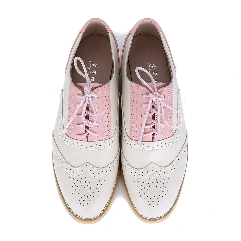 beige pink Brands Vintage Oxfords Brogue Shoes Handmade Female Shoes Genuine leather Big Woman Size 13 Oxford Flat Shoes - Color: beige pink