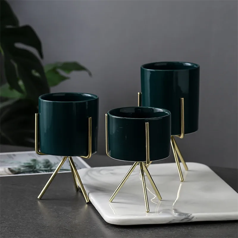 Nordic Ceramic Flower Pot Succulents Planter Iron Frame Plant Holder Green Plant Flower Pot Desk Office Decoration Ornament