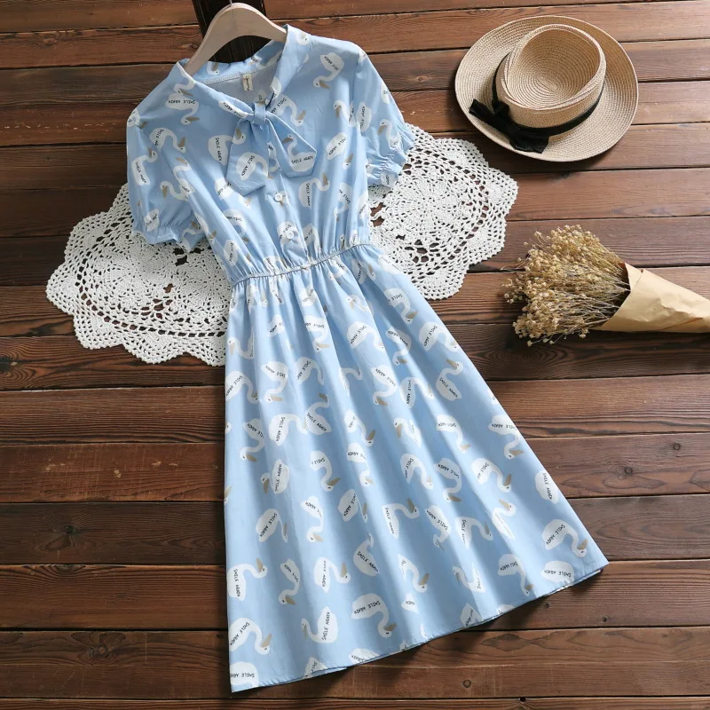 

2019 WOMEN'S Dress New Style Fresh Simple Childlike Literature And Art Waist Hugging Slimming Cartoon Swan Bow Short-sleeve Dres