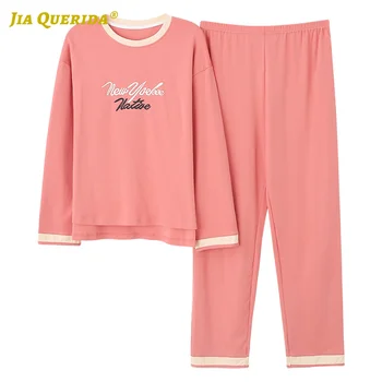 

New Soft Sports Style Homesuit Homeclothes Sleepwear 100% Cotton Crew Neck Pajamas Set Letter Printing Pajamas Set Woman