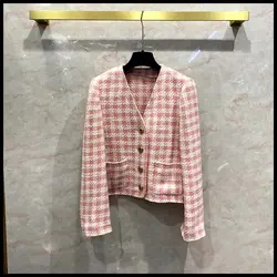 Primavera estilo coreano feminino de alta qualidade v neck xadrez tweed jaquetas doce casaco curto c823