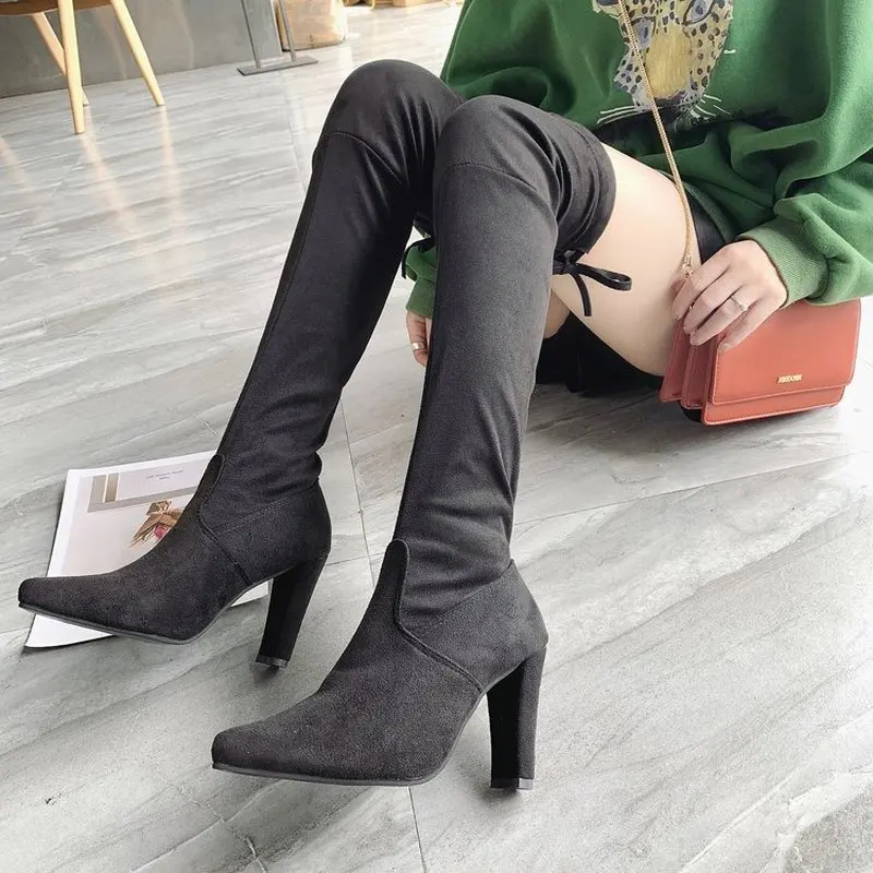 Женские ботфорты на высоком каблуке chaussure Тонкие Туфли-гладиаторы с острым