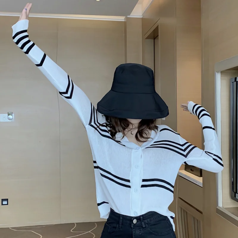 2020 Cardigan Women's Sweaters Spring and Autumn Thin Section Stripe V-Neck Sweater Single Breasted Coat Cardigan Long Sleeve