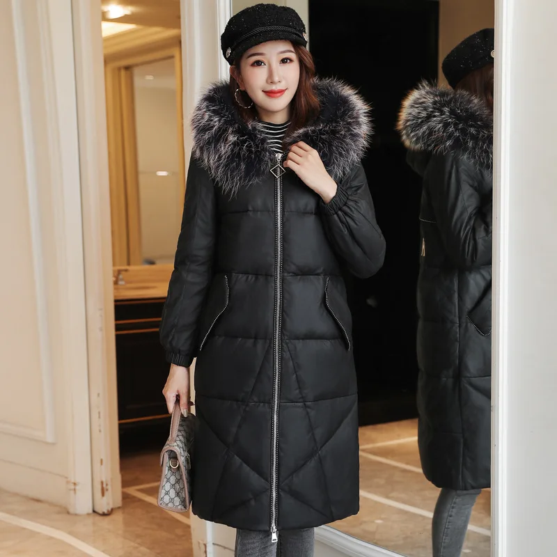 

2019 Winter New Style Haining PU Leather down Jacket Cotton-padded Clothes Women's Medium-length Raccoon Fur Collar Thick over-t