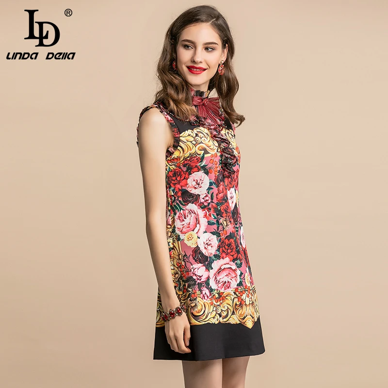 Kaufen LD LINDA DELLA Herbst Fashion Runway Vintage Kleid frauen Ärmelloses Blumen Druck Spitze Rüschen Kristall Perlen Kurze Kleider