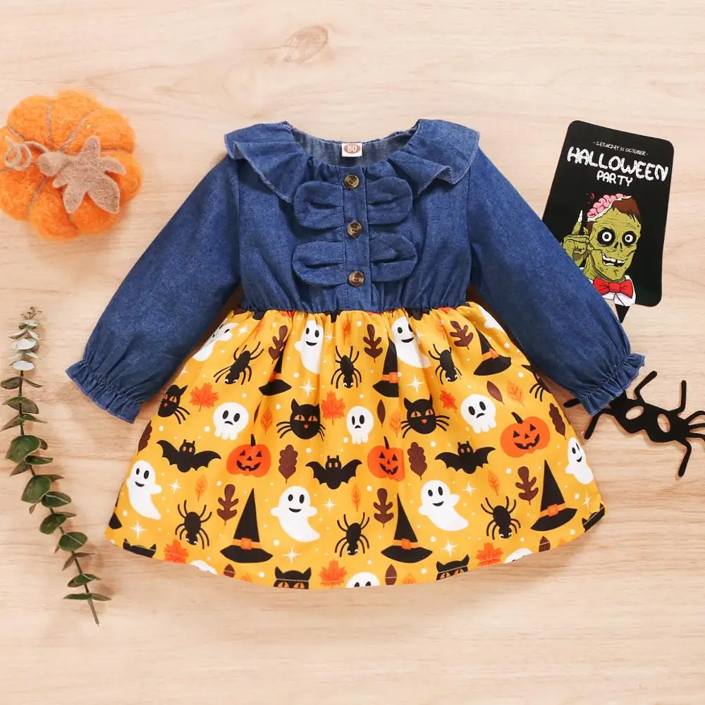 

3-6 Month Girl Clothes Birthday Dress Baby Girl Long Sleeve Outfit Denim Ruffled Halloween Cartoon Print Toddler Girls Dress