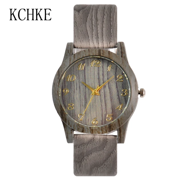 KCHKE 2020 Black/Coffee/Beige Dial Natural Bamboo Wood Watch Men Women Genuine Leather Wooden Clock Male hour Reloj de madera women gray