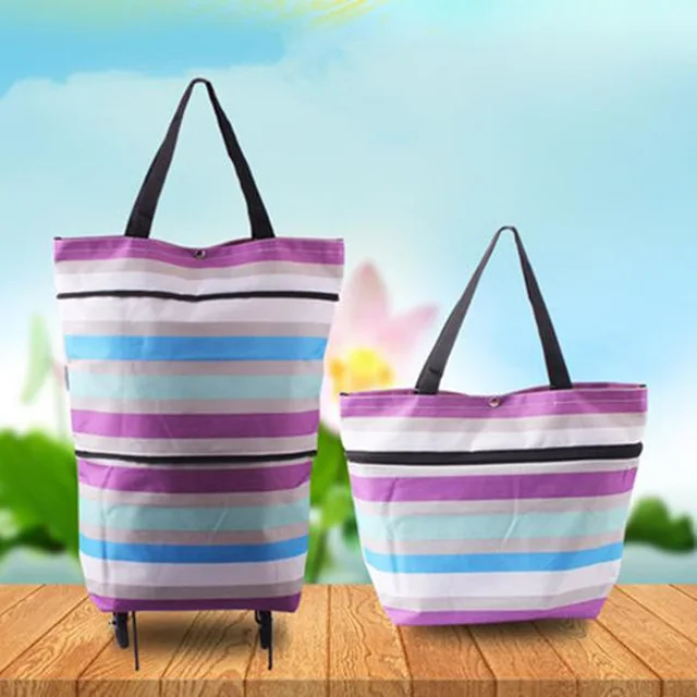 Новая складная сумка для покупок корзина на колесиках сумка маленькая тележка женская купить Сумка для овощей органайзер для покупок Tug пакет - Цвет: Purple stripe