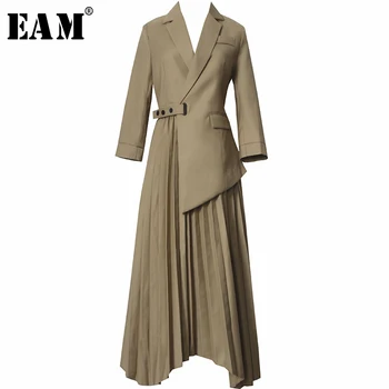 

[EAM] Women Khaki Asymmetrical Hem Pleated Suit Dress New Lapel Long Sleeve Loose Fit Fashion Tide Spring Autumn 2020 1S468