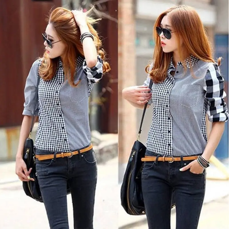 

NEW Womens Blouse Striped Plaids Patchwork Long Sleeve Shirt Ladies Top Checked Shirts Loose Casual Blouse Tops
