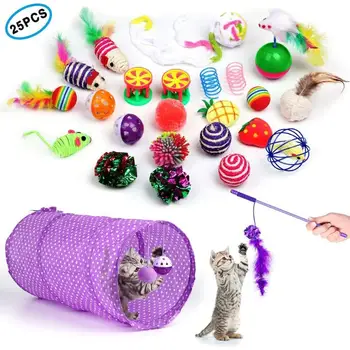 

25pcs Cat Toys Interactive Kitten Toys Kitten Ball Feather Wand Catnip Toy Cat Teaser Toy Foldable Pet Cat Tunnel Training Toy