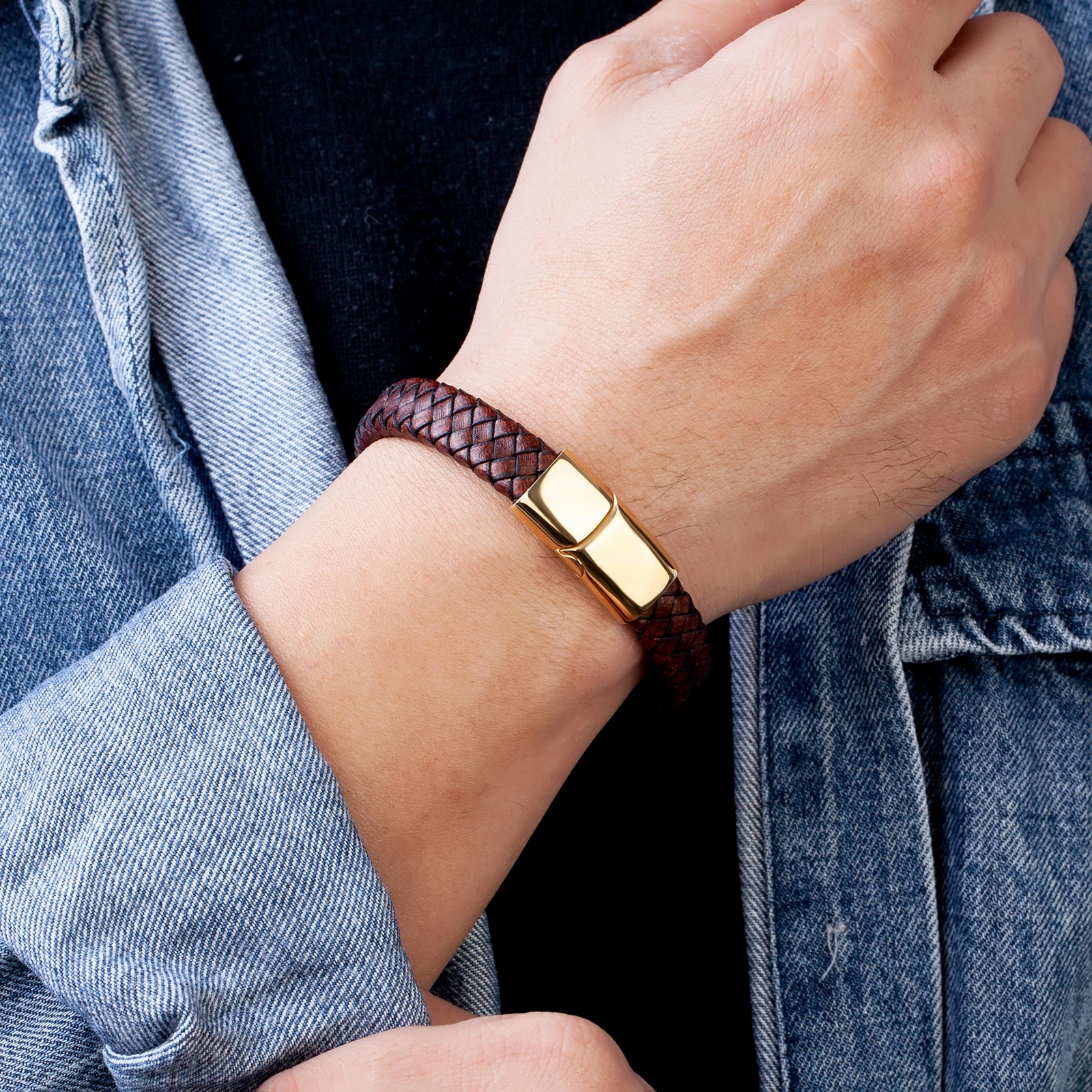Fashion Men Jewelry Brown Braided Leather Rope Bracelet Stainless Steel Magnetic Buckle for bracelet jewelry