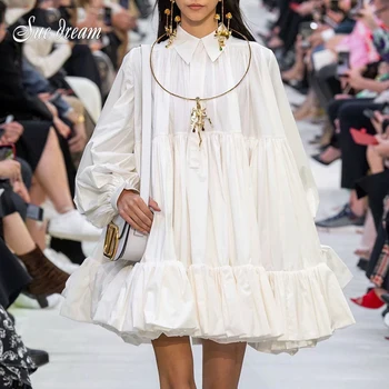 

2020 New Autumn Turn-Down Collar Lantern Full Sleeves Ruffle Pleated A-Line White Dress Fashion Celebrity Club Party Dress