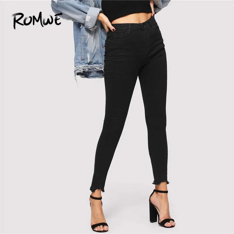 ROMWE Frayed Edge Skinny Jeans Woman Spring High Waist Jeans Casual Button Fly Black Denim Pants Ladies Solid Cropped Pants