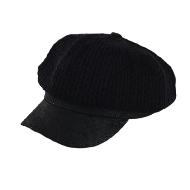 Черный Japanese Womens Winter Crotch Knit Patchwork Baseball Cap Contrast Color Classic Painter Octagonal Beanie Beret Hat with Visor - Цвет: Черный