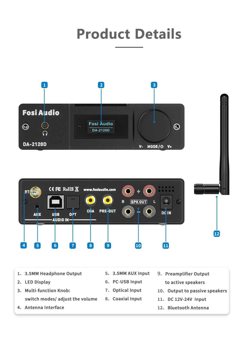 3 channel amplifier DA-2120D Bluetooth Audio Amplifiers 2.1 Channel Stereo USB DAC Power Amp Coaxial Optical AUX Remote Control For Home Speaker motor vehicle amplifiers