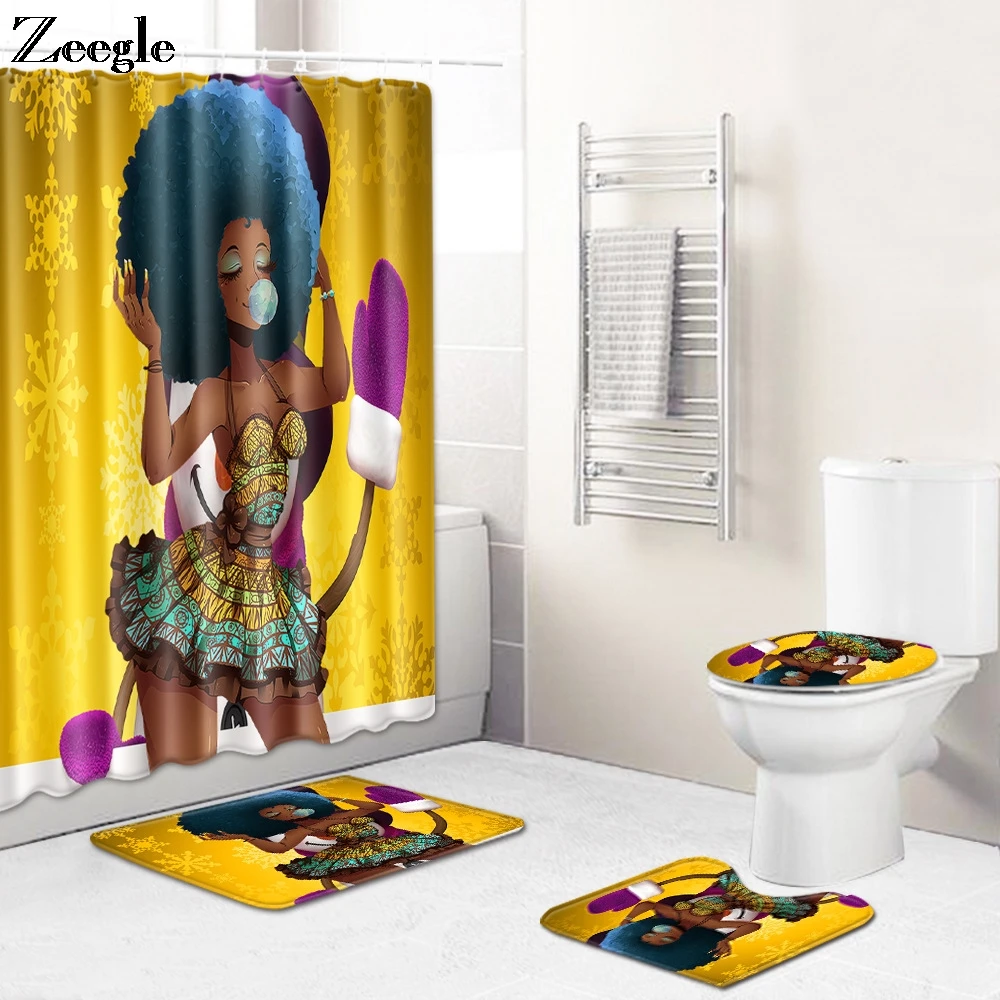 Zeegle 4pcs Bath Mat Set Waterproof Curtain Non-slip Bathroom Doormat Shower Mat Soft Toilet Cover Seat Mat Absorbent Toilet Rug