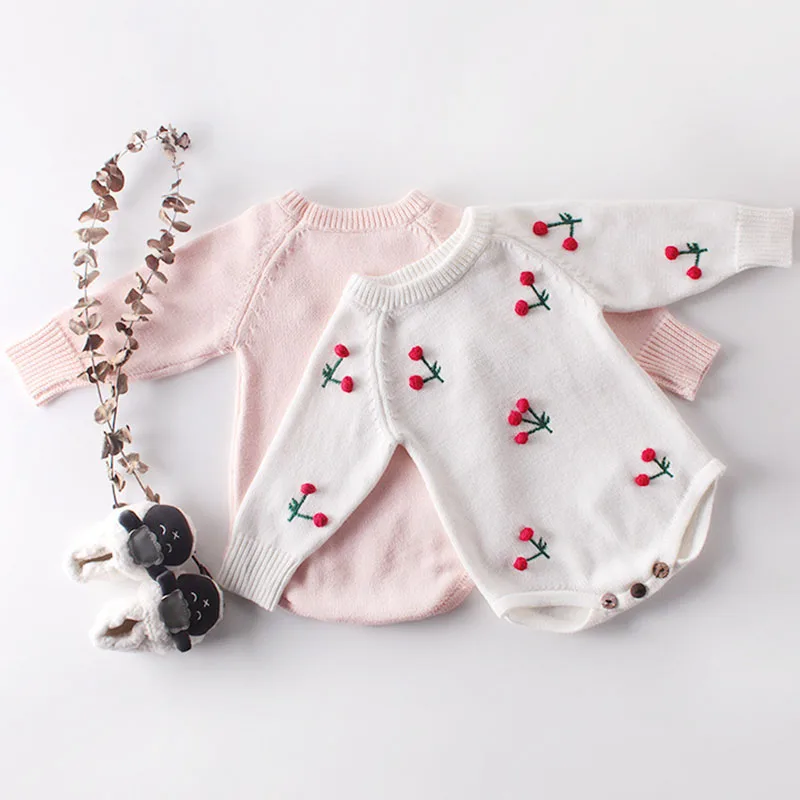 Осенний вязаный детский комбинезон с рисунком вишни, Одежда для новорожденных, хлопок, вязаный свитер, комбинезон для новорожденных