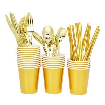

25pcs Disposable Gold Dinnerware Set Gold Color Plastic Tableware Cutlery Spoon Fork Set Hot Party Dishwasher Safe Cutlery Set