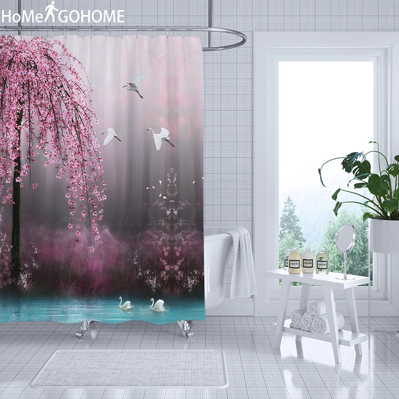 Розовая Цветочная душевая занавеска птица в стиле бохо, декоративный Водонепроницаемый полиэстер ткань шторы для ванной комнаты шторы с крючками