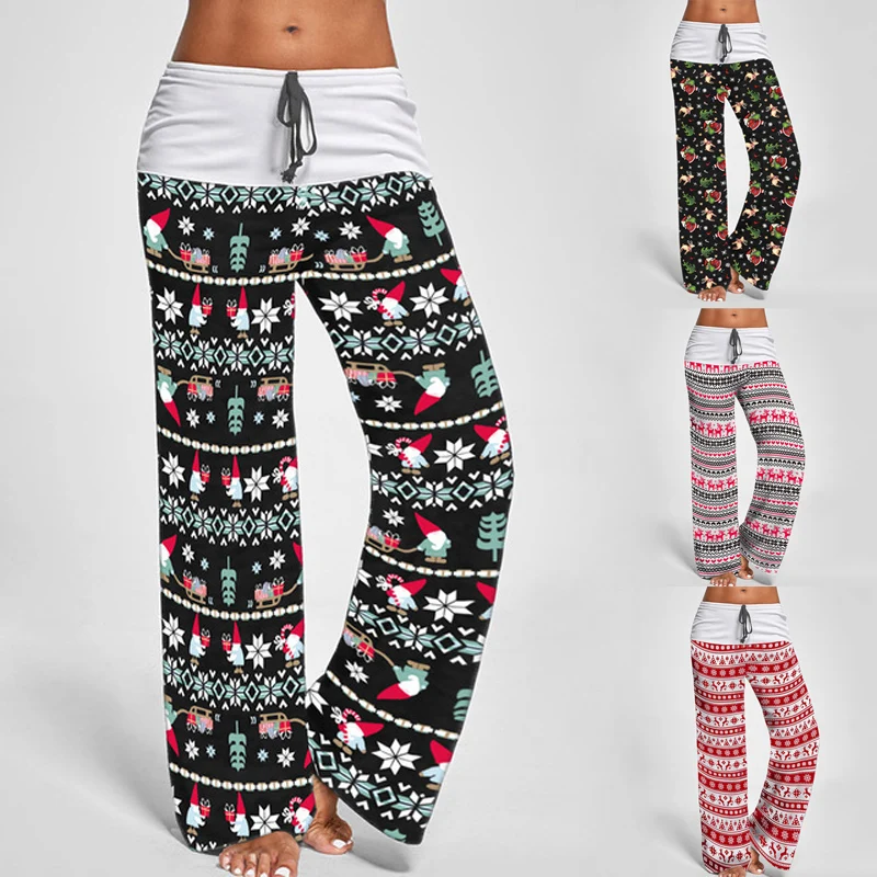 

Printing Christmas Pants Womens Hight Waist Patchwork Straight Casual Trousers Baggy Wide Leg Pant Ladies Clothes Large Size 3XL
