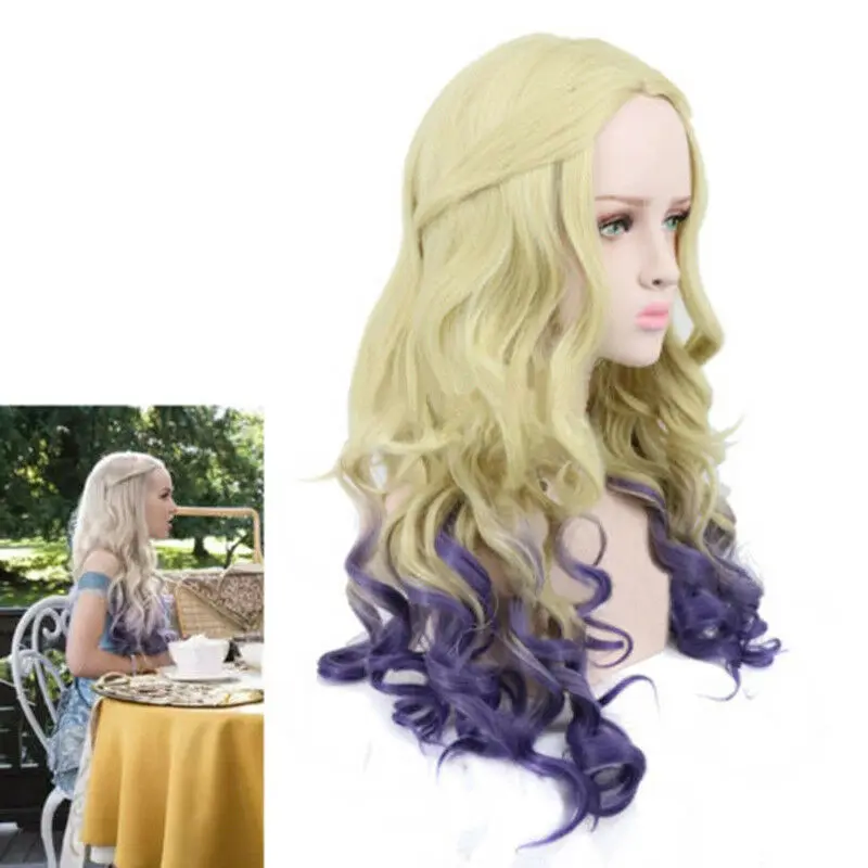 Mal Descendants 2 Long Curly Light Gold Gradient Purple Cosplay Anime Wig+ Free Wig Cap
