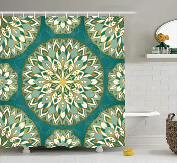 

Turquoise Shower Curtain Round Pattern with Emerald Mandala Elements Eastern Oriental Bathroom Decor Set with Hooks 70" Long
