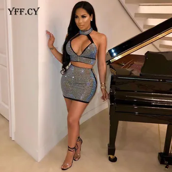 

Luxury Vintage Bling Diamonds Sexy halter two Piece set dress Backless Bodycon night Party Club Short Mini Dress women dresses