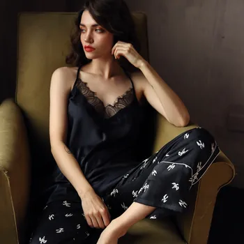 

Satin Print 2PCS Strap Top&Pants Lady Sexy Lace Nightwear Pajamas Set Silky Backless Sleepwear Kimono Robe Gown Black Homewear