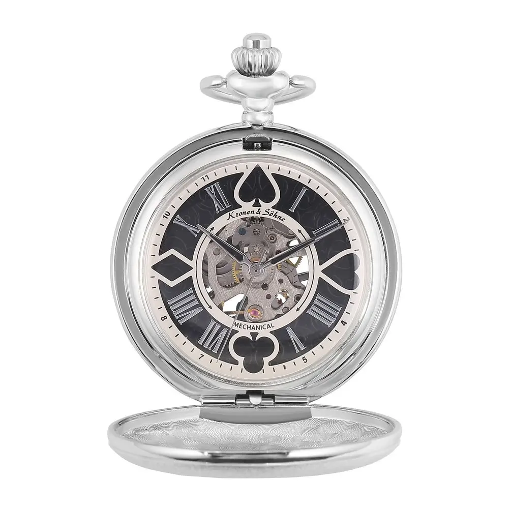 Silver KSP082 KS Skeleton Poker Design Golden Hunter Mechanical Pocket Watch Vintage Hand Winding Clock Fobs Watches Chain Jewelry /KSP081 - Цвет: Silver KSP082